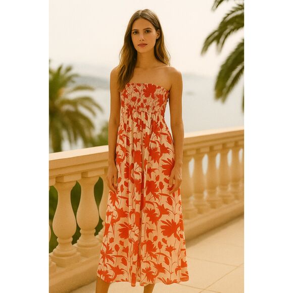 Patrizia Pepe Smocked  Strapless  Silk Floral Maxi Dress 4 - Picture 1 of 15